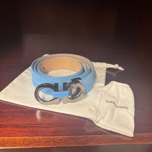 Ferragamo Blue Leather Belt with Silver Buckle